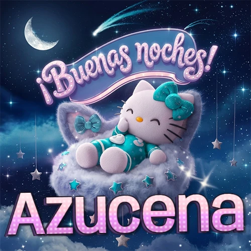 Hello Kitty vistiendo pijama turquesa durmiendo sobre una nube violeta suave, bajo un cartel de neón rosa brillante que dice '¡Buenas noches!' en un cielo lleno de estrellas fugaces y estrellas colgantes. El nombre está escrito con letra grande y colorida justo debajo de la nube. Nombre personalizado: Azucena. Hello Kitty vistiendo pijama turquesa durmiendo sobre una nube violeta suave, bajo un cartel de neón rosa brillante que dice '¡Buenas noches!' en un cielo lleno de estrellas fugaces y estrellas colgantes. El nombre está escrito con letra grande y colorida justo debajo de la nube. Nombre personalizado: Azucena.