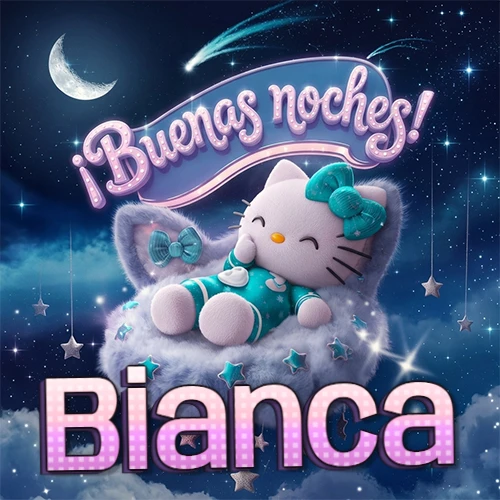Hello Kitty vistiendo pijama turquesa durmiendo sobre una nube violeta suave, bajo un cartel de neón rosa brillante que dice '¡Buenas noches!' en un cielo lleno de estrellas fugaces y estrellas colgantes. El nombre está escrito con letra grande y colorida justo debajo de la nube. Nombre personalizado: Bianca.