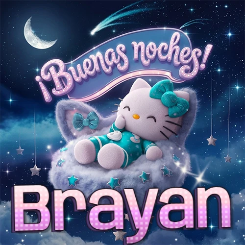 Hello Kitty vistiendo pijama turquesa durmiendo sobre una nube violeta suave, bajo un cartel de neón rosa brillante que dice '¡Buenas noches!' en un cielo lleno de estrellas fugaces y estrellas colgantes. El nombre está escrito con letra grande y colorida justo debajo de la nube. Nombre personalizado: Brayan.