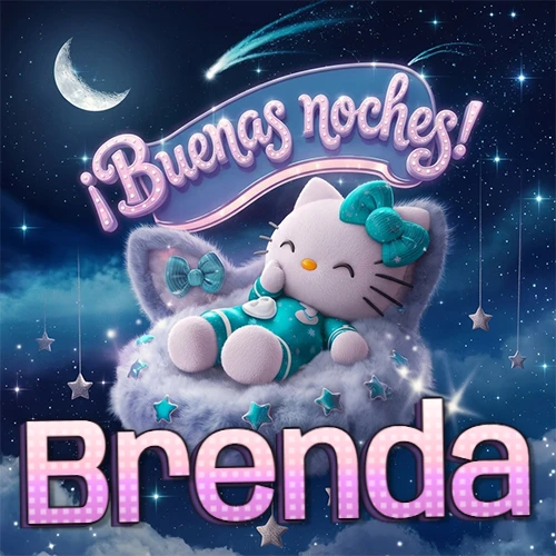 Hello Kitty vistiendo pijama turquesa durmiendo sobre una nube violeta suave, bajo un cartel de neón rosa brillante que dice '¡Buenas noches!' en un cielo lleno de estrellas fugaces y estrellas colgantes. El nombre está escrito con letra grande y colorida justo debajo de la nube. Nombre personalizado: Brenda.