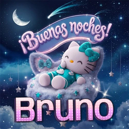Hello Kitty vistiendo pijama turquesa durmiendo sobre una nube violeta suave, bajo un cartel de neón rosa brillante que dice '¡Buenas noches!' en un cielo lleno de estrellas fugaces y estrellas colgantes. El nombre está escrito con letra grande y colorida justo debajo de la nube. Nombre personalizado: Bruno.