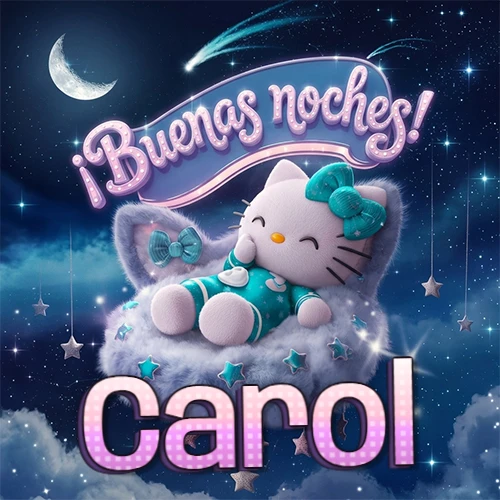 Hello Kitty vistiendo pijama turquesa durmiendo sobre una nube violeta suave, bajo un cartel de neón rosa brillante que dice '¡Buenas noches!' en un cielo lleno de estrellas fugaces y estrellas colgantes. El nombre está escrito con letra grande y colorida justo debajo de la nube. Nombre personalizado: Carol. Hello Kitty vistiendo pijama turquesa durmiendo sobre una nube violeta suave, bajo un cartel de neón rosa brillante que dice '¡Buenas noches!' en un cielo lleno de estrellas fugaces y estrellas colgantes. El nombre está escrito con letra grande y colorida justo debajo de la nube. Nombre personalizado: Carol.