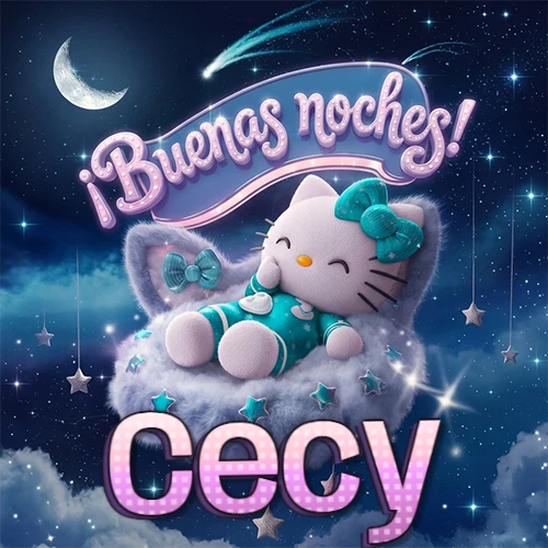 Hello Kitty vistiendo pijama turquesa durmiendo sobre una nube violeta suave, bajo un cartel de neón rosa brillante que dice '¡Buenas noches!' en un cielo lleno de estrellas fugaces y estrellas colgantes. El nombre está escrito con letra grande y colorida justo debajo de la nube. Nombre personalizado: Cecy.
