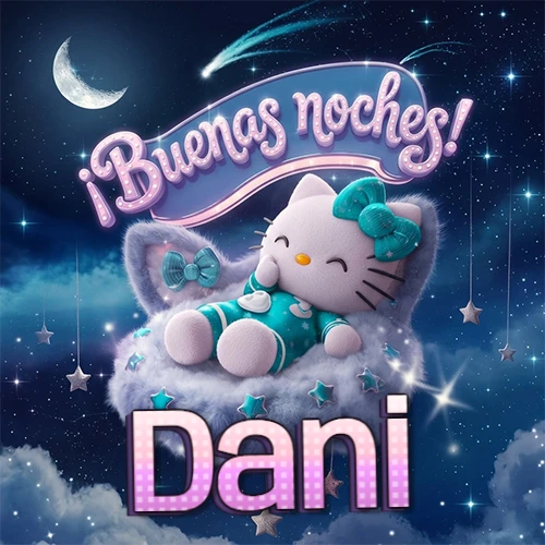 Hello Kitty vistiendo pijama turquesa durmiendo sobre una nube violeta suave, bajo un cartel de neón rosa brillante que dice '¡Buenas noches!' en un cielo lleno de estrellas fugaces y estrellas colgantes. El nombre está escrito con letra grande y colorida justo debajo de la nube. Nombre personalizado: Dani.