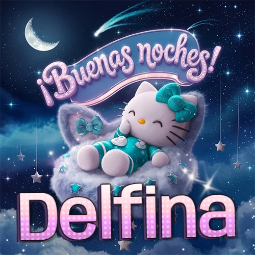 Hello Kitty vistiendo pijama turquesa durmiendo sobre una nube violeta suave, bajo un cartel de neón rosa brillante que dice '¡Buenas noches!' en un cielo lleno de estrellas fugaces y estrellas colgantes. El nombre está escrito con letra grande y colorida justo debajo de la nube. Nombre personalizado: Delfina. Hello Kitty vistiendo pijama turquesa durmiendo sobre una nube violeta suave, bajo un cartel de neón rosa brillante que dice '¡Buenas noches!' en un cielo lleno de estrellas fugaces y estrellas colgantes. El nombre está escrito con letra grande y colorida justo debajo de la nube. Nombre personalizado: Delfina.