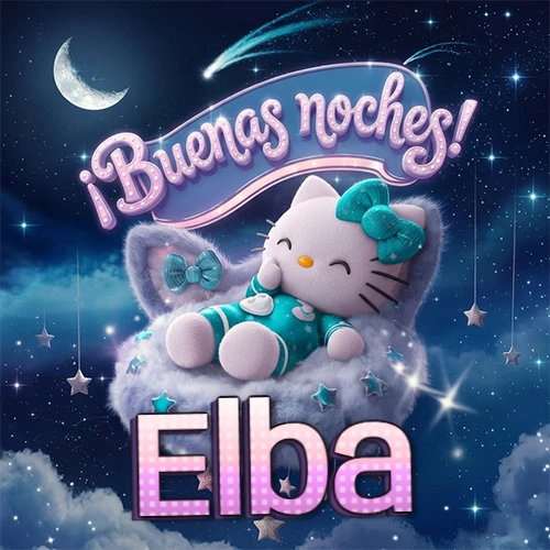 Hello Kitty vistiendo pijama turquesa durmiendo sobre una nube violeta suave, bajo un cartel de neón rosa brillante que dice '¡Buenas noches!' en un cielo lleno de estrellas fugaces y estrellas colgantes. El nombre está escrito con letra grande y colorida justo debajo de la nube. Nombre personalizado: Elba.