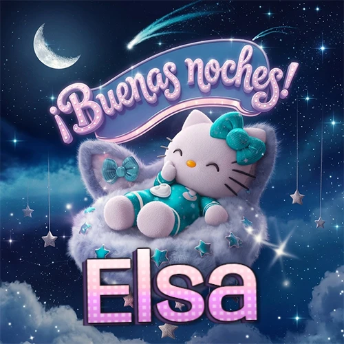 Hello Kitty vistiendo pijama turquesa durmiendo sobre una nube violeta suave, bajo un cartel de neón rosa brillante que dice '¡Buenas noches!' en un cielo lleno de estrellas fugaces y estrellas colgantes. El nombre está escrito con letra grande y colorida justo debajo de la nube. Nombre personalizado: Elsa.