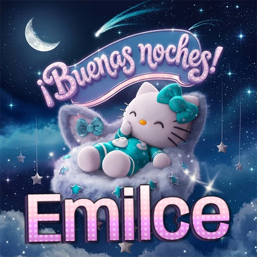 Hello Kitty vistiendo pijama turquesa durmiendo sobre una nube violeta suave, bajo un cartel de neón rosa brillante que dice '¡Buenas noches!' en un cielo lleno de estrellas fugaces y estrellas colgantes. El nombre está escrito con letra grande y colorida justo debajo de la nube. Nombre personalizado: Emilce.