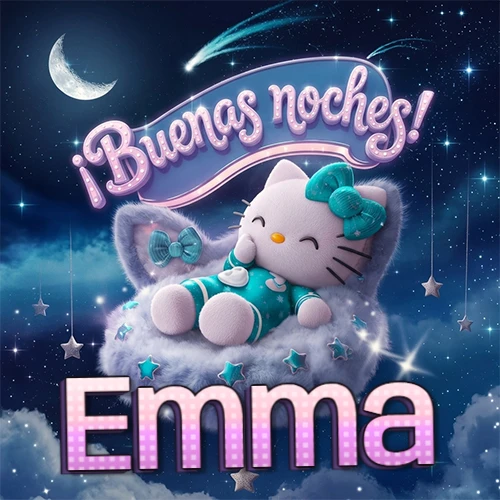 Hello Kitty vistiendo pijama turquesa durmiendo sobre una nube violeta suave, bajo un cartel de neón rosa brillante que dice '¡Buenas noches!' en un cielo lleno de estrellas fugaces y estrellas colgantes. El nombre está escrito con letra grande y colorida justo debajo de la nube. Nombre personalizado: Emma.