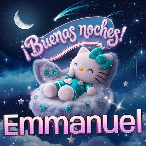 Hello Kitty vistiendo pijama turquesa durmiendo sobre una nube violeta suave, bajo un cartel de neón rosa brillante que dice '¡Buenas noches!' en un cielo lleno de estrellas fugaces y estrellas colgantes. El nombre está escrito con letra grande y colorida justo debajo de la nube. Nombre personalizado: Emmanuel.