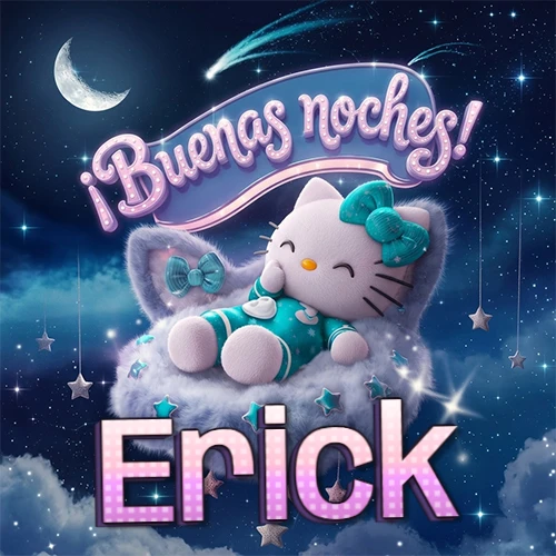 Hello Kitty vistiendo pijama turquesa durmiendo sobre una nube violeta suave, bajo un cartel de neón rosa brillante que dice '¡Buenas noches!' en un cielo lleno de estrellas fugaces y estrellas colgantes. El nombre está escrito con letra grande y colorida justo debajo de la nube. Nombre personalizado: Erick.