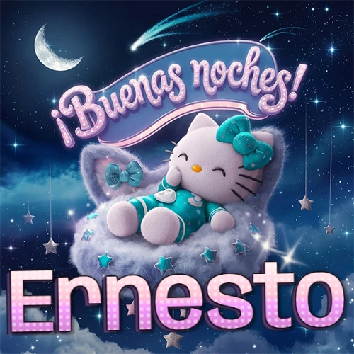 Hello Kitty vistiendo pijama turquesa durmiendo sobre una nube violeta suave, bajo un cartel de neón rosa brillante que dice '¡Buenas noches!' en un cielo lleno de estrellas fugaces y estrellas colgantes. El nombre está escrito con letra grande y colorida justo debajo de la nube. Nombre personalizado: Ernesto.