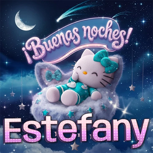 Hello Kitty vistiendo pijama turquesa durmiendo sobre una nube violeta suave, bajo un cartel de neón rosa brillante que dice '¡Buenas noches!' en un cielo lleno de estrellas fugaces y estrellas colgantes. El nombre está escrito con letra grande y colorida justo debajo de la nube. Nombre personalizado: Estefany.