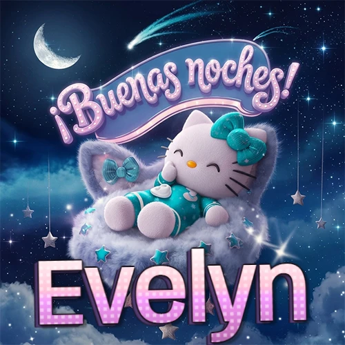 Hello Kitty vistiendo pijama turquesa durmiendo sobre una nube violeta suave, bajo un cartel de neón rosa brillante que dice '¡Buenas noches!' en un cielo lleno de estrellas fugaces y estrellas colgantes. El nombre está escrito con letra grande y colorida justo debajo de la nube. Nombre personalizado: Evelyn.