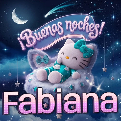 Hello Kitty vistiendo pijama turquesa durmiendo sobre una nube violeta suave, bajo un cartel de neón rosa brillante que dice '¡Buenas noches!' en un cielo lleno de estrellas fugaces y estrellas colgantes. El nombre está escrito con letra grande y colorida justo debajo de la nube. Nombre personalizado: Fabiana. Hello Kitty vistiendo pijama turquesa durmiendo sobre una nube violeta suave, bajo un cartel de neón rosa brillante que dice '¡Buenas noches!' en un cielo lleno de estrellas fugaces y estrellas colgantes. El nombre está escrito con letra grande y colorida justo debajo de la nube. Nombre personalizado: Fabiana.