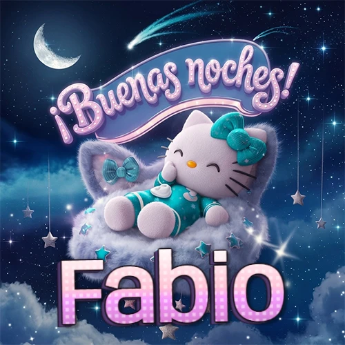 Hello Kitty vistiendo pijama turquesa durmiendo sobre una nube violeta suave, bajo un cartel de neón rosa brillante que dice '¡Buenas noches!' en un cielo lleno de estrellas fugaces y estrellas colgantes. El nombre está escrito con letra grande y colorida justo debajo de la nube. Nombre personalizado: Fabio.