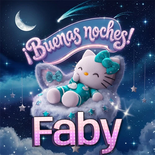 Hello Kitty vistiendo pijama turquesa durmiendo sobre una nube violeta suave, bajo un cartel de neón rosa brillante que dice '¡Buenas noches!' en un cielo lleno de estrellas fugaces y estrellas colgantes. El nombre está escrito con letra grande y colorida justo debajo de la nube. Nombre personalizado: Faby.