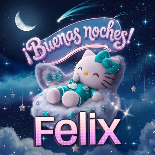 Hello Kitty vistiendo pijama turquesa durmiendo sobre una nube violeta suave, bajo un cartel de neón rosa brillante que dice '¡Buenas noches!' en un cielo lleno de estrellas fugaces y estrellas colgantes. El nombre está escrito con letra grande y colorida justo debajo de la nube. Nombre personalizado: Felix.