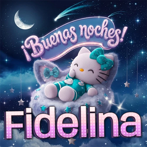 Hello Kitty vistiendo pijama turquesa durmiendo sobre una nube violeta suave, bajo un cartel de neón rosa brillante que dice '¡Buenas noches!' en un cielo lleno de estrellas fugaces y estrellas colgantes. El nombre está escrito con letra grande y colorida justo debajo de la nube. Nombre personalizado: Fidelina.