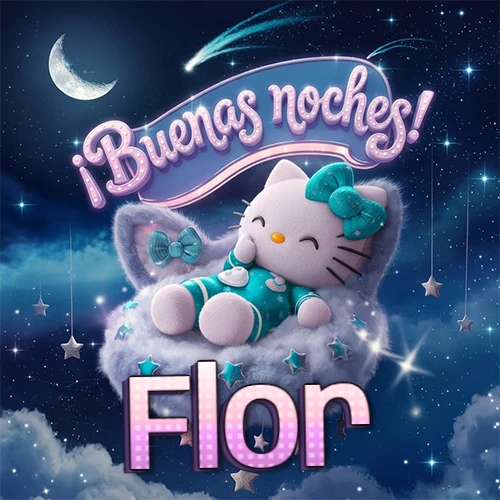 Hello Kitty vistiendo pijama turquesa durmiendo sobre una nube violeta suave, bajo un cartel de neón rosa brillante que dice '¡Buenas noches!' en un cielo lleno de estrellas fugaces y estrellas colgantes. El nombre está escrito con letra grande y colorida justo debajo de la nube. Nombre personalizado: Flor.