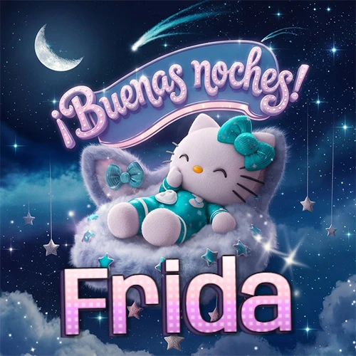 Hello Kitty vistiendo pijama turquesa durmiendo sobre una nube violeta suave, bajo un cartel de neón rosa brillante que dice '¡Buenas noches!' en un cielo lleno de estrellas fugaces y estrellas colgantes. El nombre está escrito con letra grande y colorida justo debajo de la nube. Nombre personalizado: Frida.