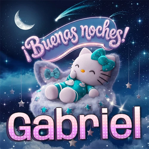 Hello Kitty vistiendo pijama turquesa durmiendo sobre una nube violeta suave, bajo un cartel de neón rosa brillante que dice '¡Buenas noches!' en un cielo lleno de estrellas fugaces y estrellas colgantes. El nombre está escrito con letra grande y colorida justo debajo de la nube. Nombre personalizado: Gabriel.