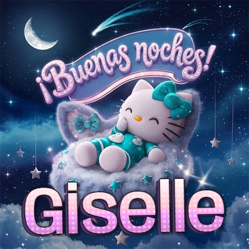 Hello Kitty vistiendo pijama turquesa durmiendo sobre una nube violeta suave, bajo un cartel de neón rosa brillante que dice '¡Buenas noches!' en un cielo lleno de estrellas fugaces y estrellas colgantes. El nombre está escrito con letra grande y colorida justo debajo de la nube. Nombre personalizado: Giselle.