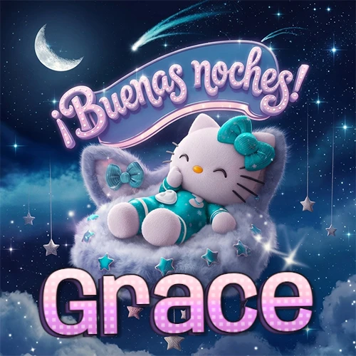 Hello Kitty vistiendo pijama turquesa durmiendo sobre una nube violeta suave, bajo un cartel de neón rosa brillante que dice '¡Buenas noches!' en un cielo lleno de estrellas fugaces y estrellas colgantes. El nombre está escrito con letra grande y colorida justo debajo de la nube. Nombre personalizado: Grace.