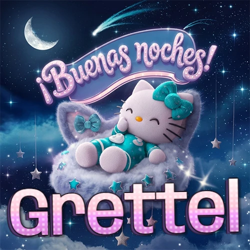 Hello Kitty vistiendo pijama turquesa durmiendo sobre una nube violeta suave, bajo un cartel de neón rosa brillante que dice '¡Buenas noches!' en un cielo lleno de estrellas fugaces y estrellas colgantes. El nombre está escrito con letra grande y colorida justo debajo de la nube. Nombre personalizado: Grettel.