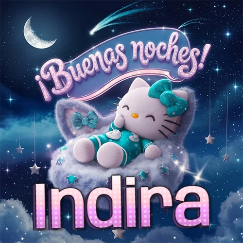 Hello Kitty vistiendo pijama turquesa durmiendo sobre una nube violeta suave, bajo un cartel de neón rosa brillante que dice '¡Buenas noches!' en un cielo lleno de estrellas fugaces y estrellas colgantes. El nombre está escrito con letra grande y colorida justo debajo de la nube. Nombre personalizado: Indira.