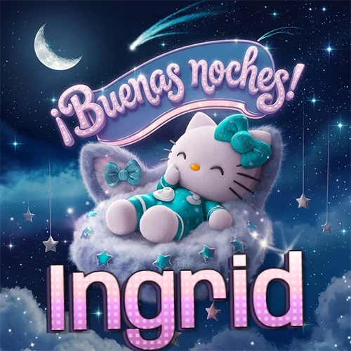 Hello Kitty vistiendo pijama turquesa durmiendo sobre una nube violeta suave, bajo un cartel de neón rosa brillante que dice '¡Buenas noches!' en un cielo lleno de estrellas fugaces y estrellas colgantes. El nombre está escrito con letra grande y colorida justo debajo de la nube. Nombre personalizado: Ingrid.