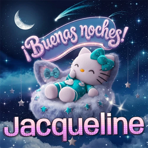 Hello Kitty vistiendo pijama turquesa durmiendo sobre una nube violeta suave, bajo un cartel de neón rosa brillante que dice '¡Buenas noches!' en un cielo lleno de estrellas fugaces y estrellas colgantes. El nombre está escrito con letra grande y colorida justo debajo de la nube. Nombre personalizado: Jacqueline.