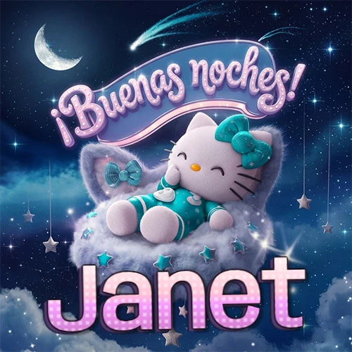 Hello Kitty vistiendo pijama turquesa durmiendo sobre una nube violeta suave, bajo un cartel de neón rosa brillante que dice '¡Buenas noches!' en un cielo lleno de estrellas fugaces y estrellas colgantes. El nombre está escrito con letra grande y colorida justo debajo de la nube. Nombre personalizado: Janet.