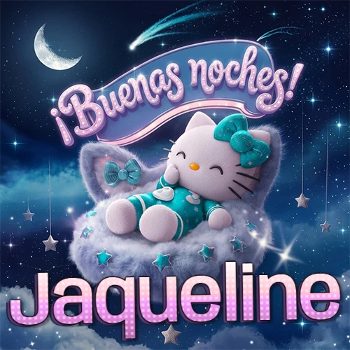 Hello Kitty vistiendo pijama turquesa durmiendo sobre una nube violeta suave, bajo un cartel de neón rosa brillante que dice '¡Buenas noches!' en un cielo lleno de estrellas fugaces y estrellas colgantes. El nombre está escrito con letra grande y colorida justo debajo de la nube. Nombre personalizado: Jaqueline.