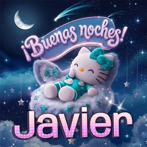 Hello Kitty vistiendo pijama turquesa durmiendo sobre una nube violeta suave, bajo un cartel de neón rosa brillante que dice '¡Buenas noches!' en un cielo lleno de estrellas fugaces y estrellas colgantes. El nombre está escrito con letra grande y colorida justo debajo de la nube. Nombre personalizado: Javier.