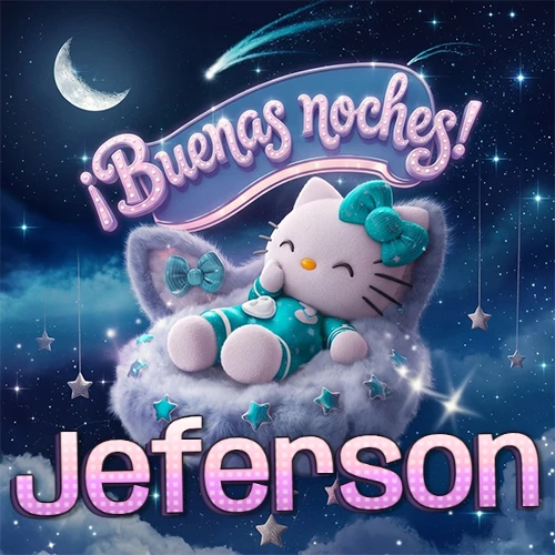 Hello Kitty vistiendo pijama turquesa durmiendo sobre una nube violeta suave, bajo un cartel de neón rosa brillante que dice '¡Buenas noches!' en un cielo lleno de estrellas fugaces y estrellas colgantes. El nombre está escrito con letra grande y colorida justo debajo de la nube. Nombre personalizado: Jeferson.