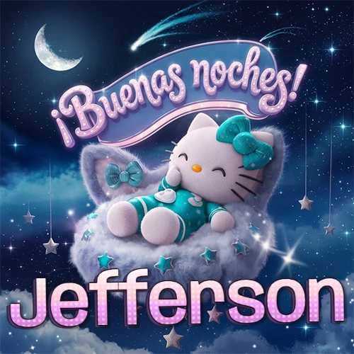 Hello Kitty vistiendo pijama turquesa durmiendo sobre una nube violeta suave, bajo un cartel de neón rosa brillante que dice '¡Buenas noches!' en un cielo lleno de estrellas fugaces y estrellas colgantes. El nombre está escrito con letra grande y colorida justo debajo de la nube. Nombre personalizado: Jefferson.