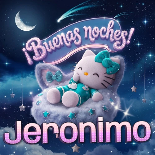 Hello Kitty vistiendo pijama turquesa durmiendo sobre una nube violeta suave, bajo un cartel de neón rosa brillante que dice '¡Buenas noches!' en un cielo lleno de estrellas fugaces y estrellas colgantes. El nombre está escrito con letra grande y colorida justo debajo de la nube. Nombre personalizado: Jeronimo.