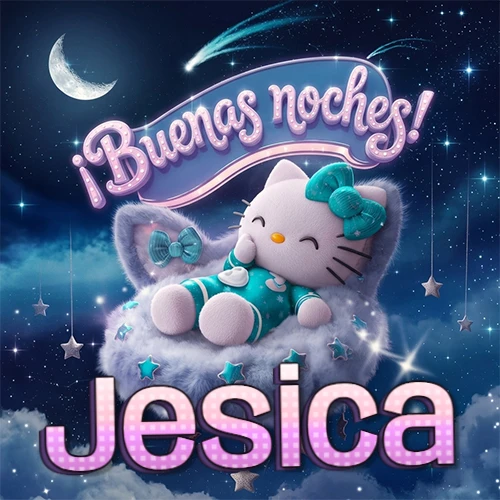 Hello Kitty vistiendo pijama turquesa durmiendo sobre una nube violeta suave, bajo un cartel de neón rosa brillante que dice '¡Buenas noches!' en un cielo lleno de estrellas fugaces y estrellas colgantes. El nombre está escrito con letra grande y colorida justo debajo de la nube. Nombre personalizado: Jesica.