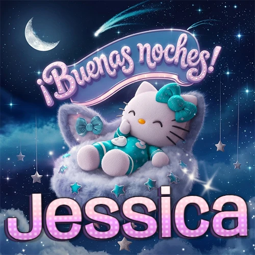 Hello Kitty vistiendo pijama turquesa durmiendo sobre una nube violeta suave, bajo un cartel de neón rosa brillante que dice '¡Buenas noches!' en un cielo lleno de estrellas fugaces y estrellas colgantes. El nombre está escrito con letra grande y colorida justo debajo de la nube. Nombre personalizado: Jessica.