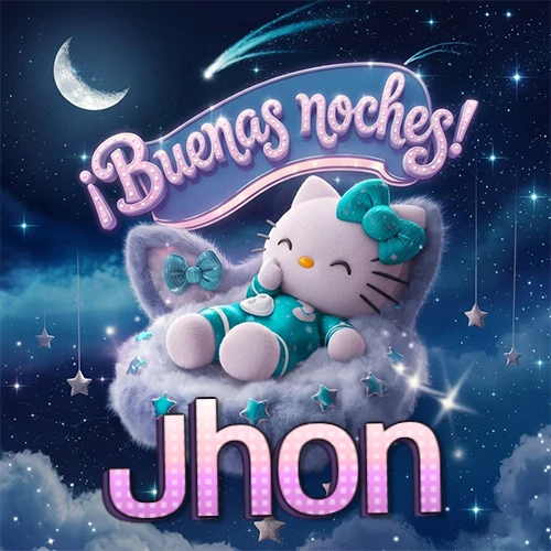 Hello Kitty vistiendo pijama turquesa durmiendo sobre una nube violeta suave, bajo un cartel de neón rosa brillante que dice '¡Buenas noches!' en un cielo lleno de estrellas fugaces y estrellas colgantes. El nombre está escrito con letra grande y colorida justo debajo de la nube. Nombre personalizado: Jhon.
