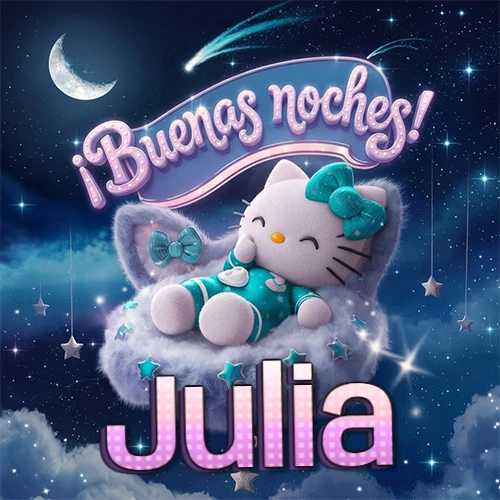 Hello Kitty vistiendo pijama turquesa durmiendo sobre una nube violeta suave, bajo un cartel de neón rosa brillante que dice '¡Buenas noches!' en un cielo lleno de estrellas fugaces y estrellas colgantes. El nombre está escrito con letra grande y colorida justo debajo de la nube. Nombre personalizado: Julia.