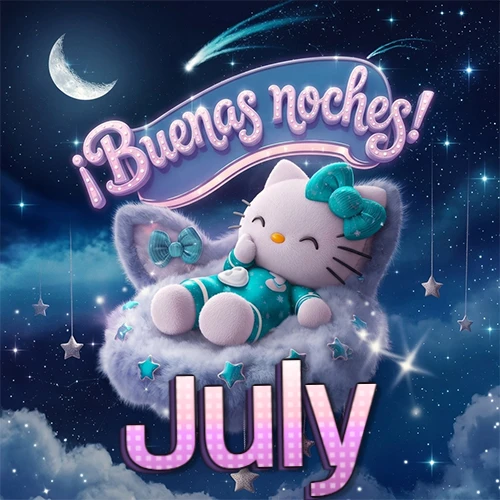 Hello Kitty vistiendo pijama turquesa durmiendo sobre una nube violeta suave, bajo un cartel de neón rosa brillante que dice '¡Buenas noches!' en un cielo lleno de estrellas fugaces y estrellas colgantes. El nombre está escrito con letra grande y colorida justo debajo de la nube. Nombre personalizado: July.
