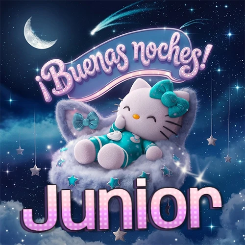 Hello Kitty vistiendo pijama turquesa durmiendo sobre una nube violeta suave, bajo un cartel de neón rosa brillante que dice '¡Buenas noches!' en un cielo lleno de estrellas fugaces y estrellas colgantes. El nombre está escrito con letra grande y colorida justo debajo de la nube. Nombre personalizado: Junior.