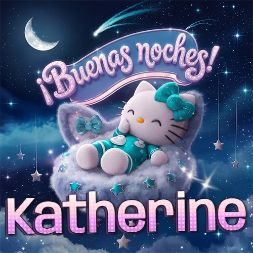 Hello Kitty vistiendo pijama turquesa durmiendo sobre una nube violeta suave, bajo un cartel de neón rosa brillante que dice '¡Buenas noches!' en un cielo lleno de estrellas fugaces y estrellas colgantes. El nombre está escrito con letra grande y colorida justo debajo de la nube. Nombre personalizado: Katherine.