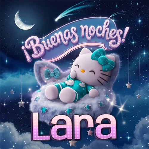 Hello Kitty vistiendo pijama turquesa durmiendo sobre una nube violeta suave, bajo un cartel de neón rosa brillante que dice '¡Buenas noches!' en un cielo lleno de estrellas fugaces y estrellas colgantes. El nombre está escrito con letra grande y colorida justo debajo de la nube. Nombre personalizado: Lara.