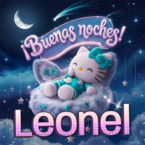 Hello Kitty vistiendo pijama turquesa durmiendo sobre una nube violeta suave, bajo un cartel de neón rosa brillante que dice '¡Buenas noches!' en un cielo lleno de estrellas fugaces y estrellas colgantes. El nombre está escrito con letra grande y colorida justo debajo de la nube. Nombre personalizado: Leonel. Hello Kitty vistiendo pijama turquesa durmiendo sobre una nube violeta suave, bajo un cartel de neón rosa brillante que dice '¡Buenas noches!' en un cielo lleno de estrellas fugaces y estrellas colgantes. El nombre está escrito con letra grande y colorida justo debajo de la nube. Nombre personalizado: Leonel.