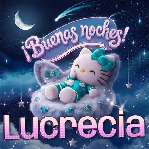 Hello Kitty vistiendo pijama turquesa durmiendo sobre una nube violeta suave, bajo un cartel de neón rosa brillante que dice '¡Buenas noches!' en un cielo lleno de estrellas fugaces y estrellas colgantes. El nombre está escrito con letra grande y colorida justo debajo de la nube. Nombre personalizado: Lucrecia. Hello Kitty vistiendo pijama turquesa durmiendo sobre una nube violeta suave, bajo un cartel de neón rosa brillante que dice '¡Buenas noches!' en un cielo lleno de estrellas fugaces y estrellas colgantes. El nombre está escrito con letra grande y colorida justo debajo de la nube. Nombre personalizado: Lucrecia.