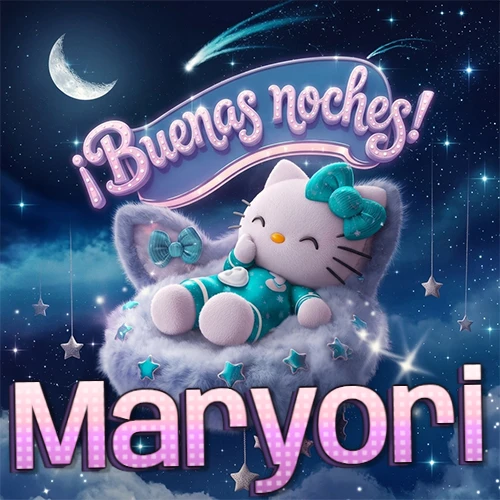 Hello Kitty vistiendo pijama turquesa durmiendo sobre una nube violeta suave, bajo un cartel de neón rosa brillante que dice '¡Buenas noches!' en un cielo lleno de estrellas fugaces y estrellas colgantes. El nombre está escrito con letra grande y colorida justo debajo de la nube. Nombre personalizado: Maryori.