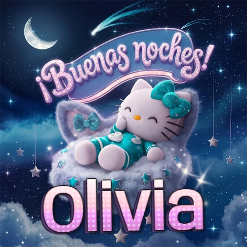 Hello Kitty vistiendo pijama turquesa durmiendo sobre una nube violeta suave, bajo un cartel de neón rosa brillante que dice '¡Buenas noches!' en un cielo lleno de estrellas fugaces y estrellas colgantes. El nombre está escrito con letra grande y colorida justo debajo de la nube. Nombre personalizado: Olivia.
